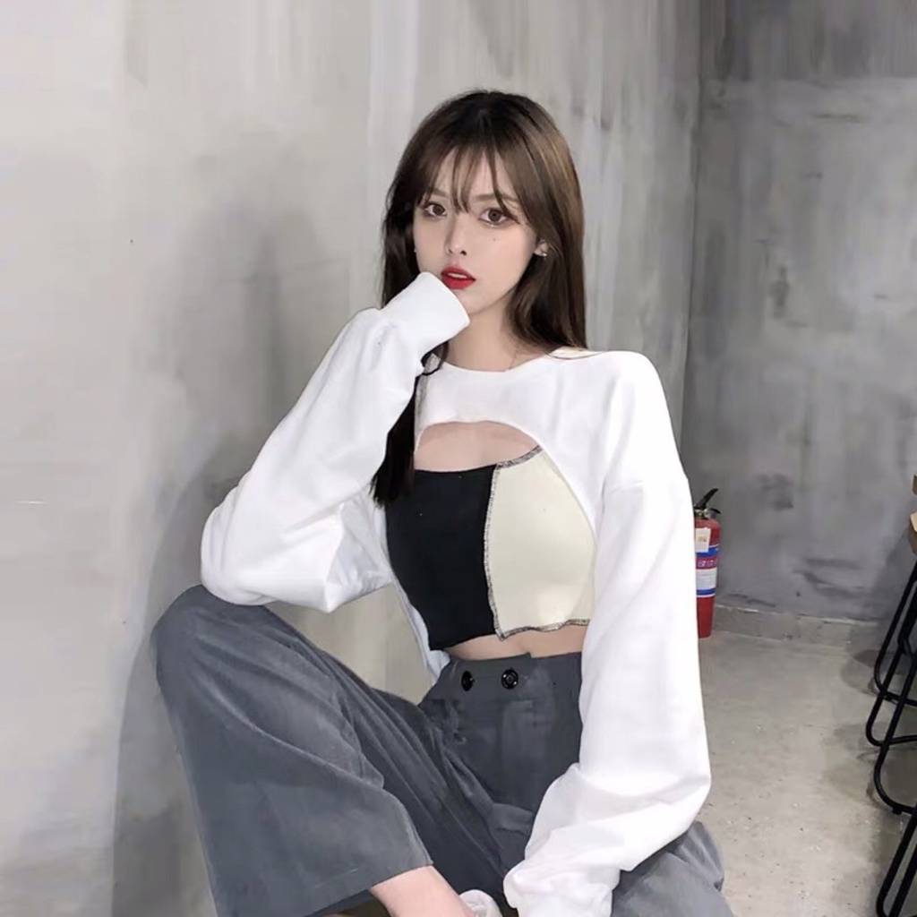 Set Áo Thun Sweater Croptop Dài Tay Cutout + Áo 3 Lỗ Phối Màu Đen Trắng - Bộ Áo Croptop Tay Dài Kèm Áo Trong 2 Màu