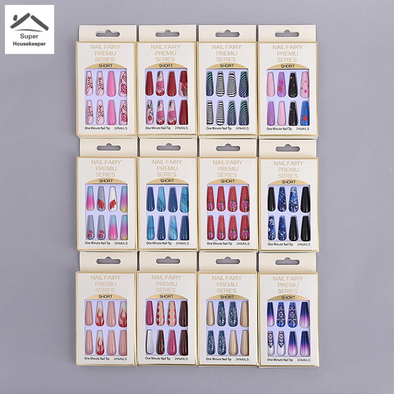 Set 24 móng tay giả màu trơn bằng nhựa resin siêu dài kèm gel phủ cho nữ