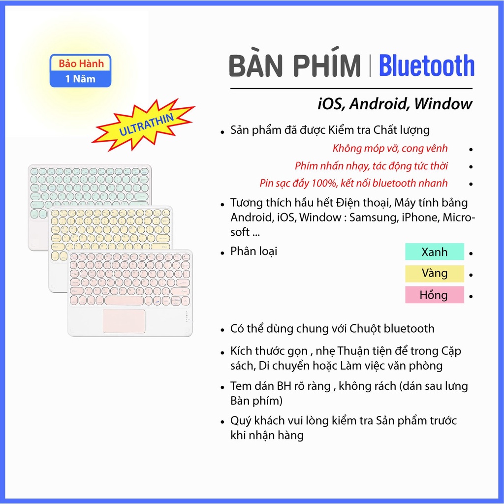 Bàn phím Điện thoại Máy tính bảng TouchPad - SP Mới BH 1năm - Bluetooth. 3 màu Pastel Hồng Xanh Vàng  Dễ thương Xinh xắn