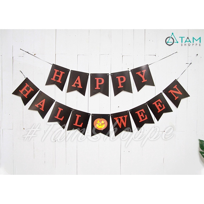 [KÈM DÂY TREO - GIẤY BÌA CỨNG - SỬ DỤNG NHIỀU LẦN] Dây chữ Happy Halloween bằng giấy tông Đen Cam HLW-CHU-04