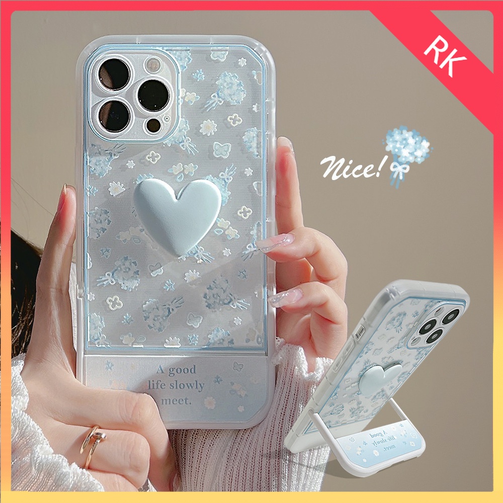 Ốp Điện Thoại Họa Tiết Hoa Màu Xanh Dương Phối Giá Đỡ Ba Chiều Cho iphone13 Apple 12pro max X 11 7/8p