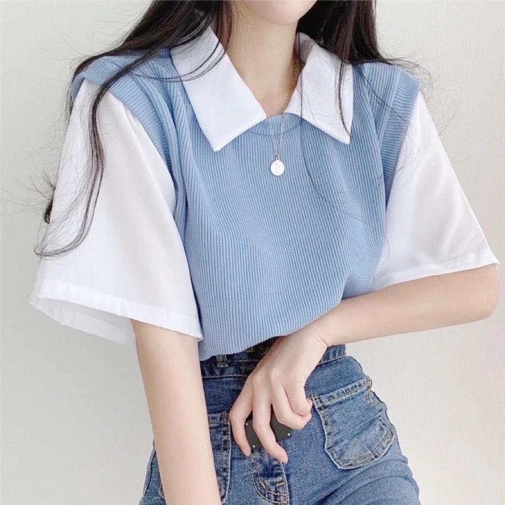 Áo Thun POLO Giả Hai Lớp Tay Ngắn Dáng Rộng Màu Sắc Tương Phản Thời Trang Mùa Hè 202