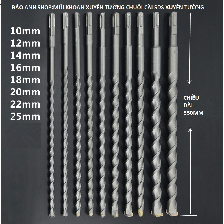MŨI KHOAN BÊ TÔNG DÀI 350MM XUYÊN TƯỜNG CHUYÊN DỤNG ĐẦU GÀI SDS 10.12.14.16.18.20.22.25x350MM