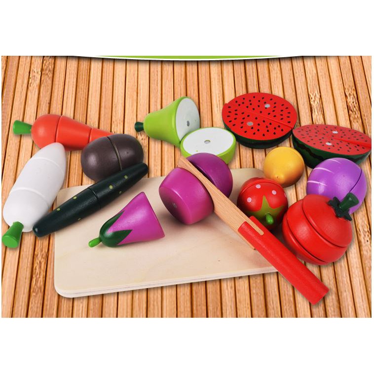 Bộ Cắt Ghép Hoa Quả Bằng Gỗ loại to - 30 chi tiết kết dính nam châm