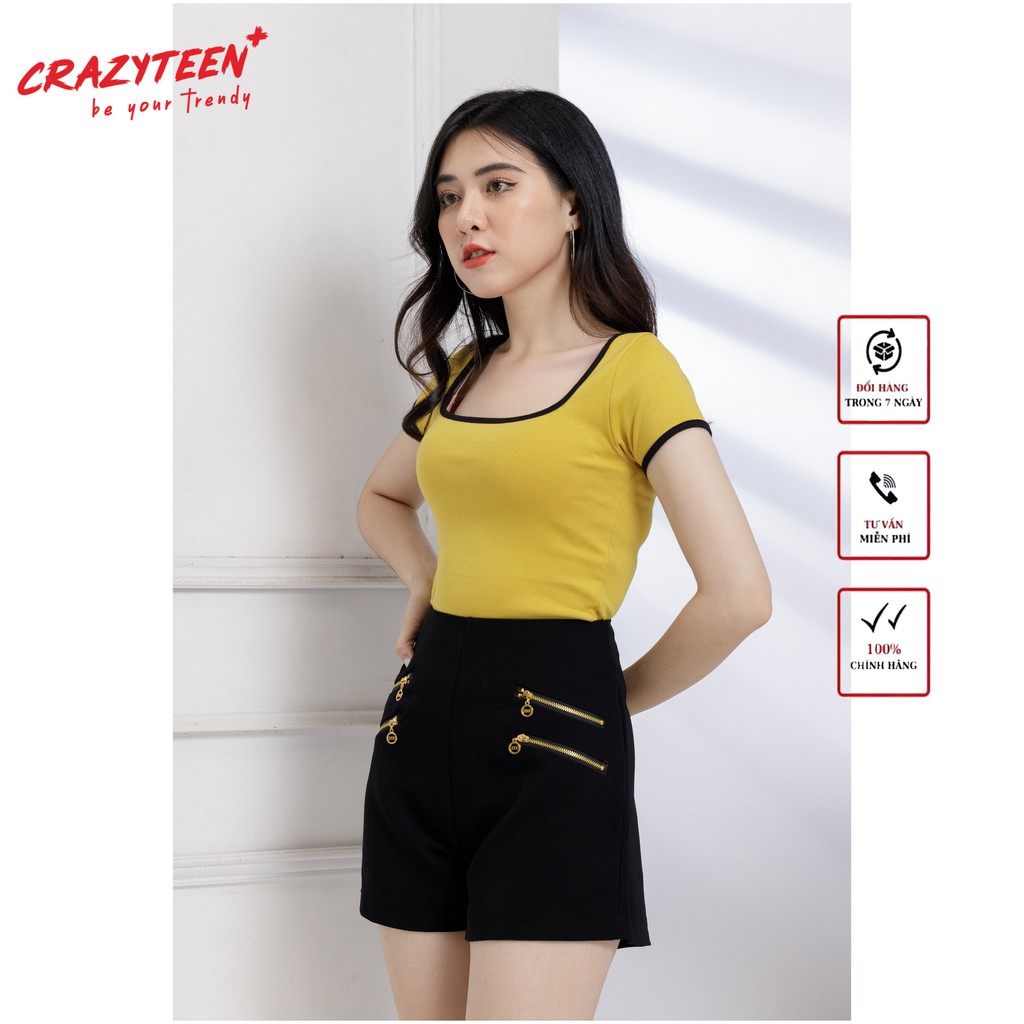 Áo croptop nữ  kiểu dáng ôm,  thun  tay ngắn phối viền CRAZYTEEN phong cách năng động (AC0067)