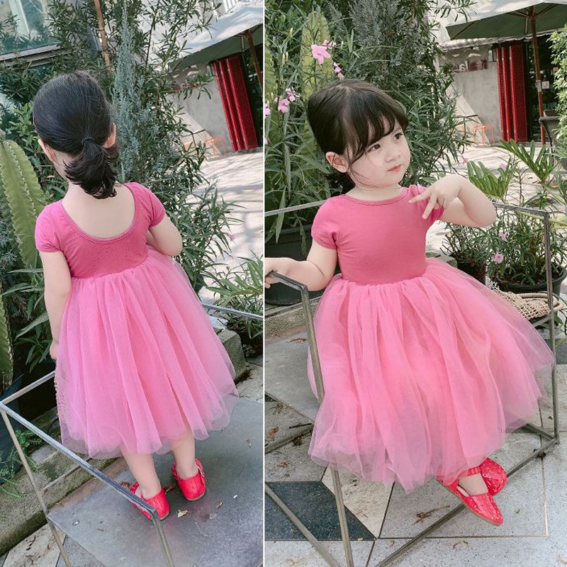 Đầm Bé Gái Tay Ngắn Phối Lưới Phong Cách Hàn Quốc