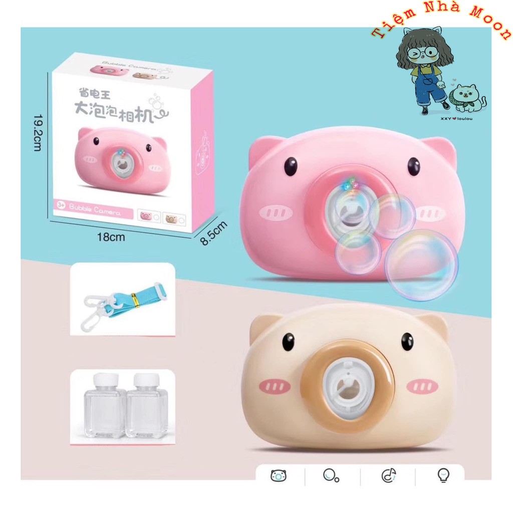 Máy chụp hình bong bóng Heo con dễ thương có nhạc và đèn, tặng kèm dây đeo và 2 lọ xà phòng bong bóng