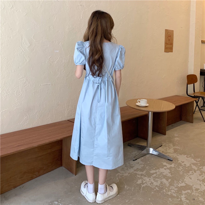 Đầm Tay Phồng Ngắn Cổ Vuông Chiết Eo Phong Cách Hàn Quốc