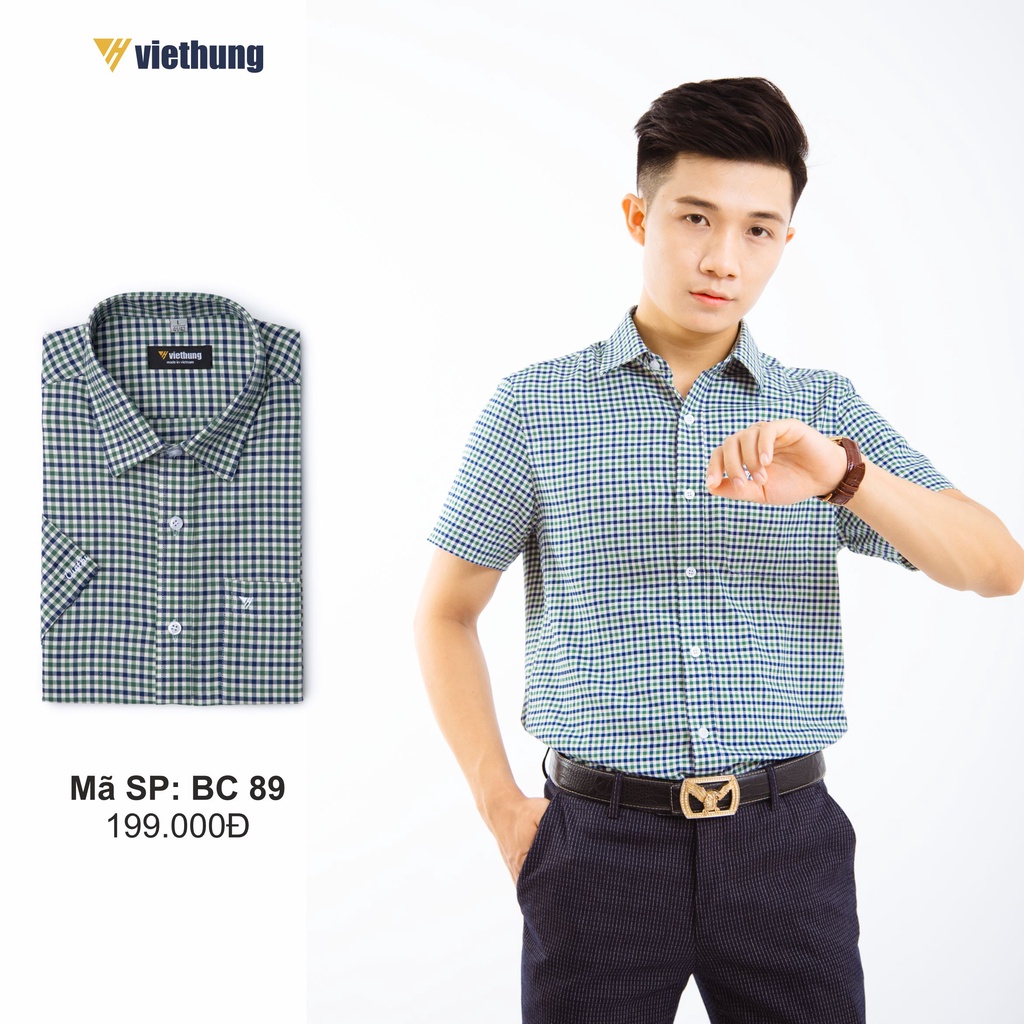 Áo Sơ Mi Nam Công Sở Thương Hiệu Việt Hưng Họa Tiết Caro Nhỏ Màu Xanh Lá Ngắn Tay Vải Cotton - BC89