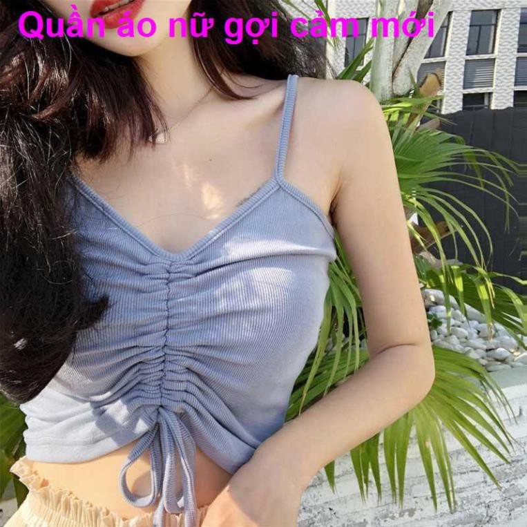 Ngực quấn dây rút gợi cảm mùa hè, mặc áo sơ mi hở đáy, yếm không tay mỏng, crop top nữ với quần ་