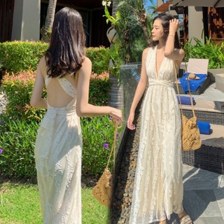 Váy đi biển INFLACHI jumpsuit nữ·dáng dài maxi đẹp hở lưng 2 dây bikini bigsize Hàn Quốc ren sang chảnh DK2T301