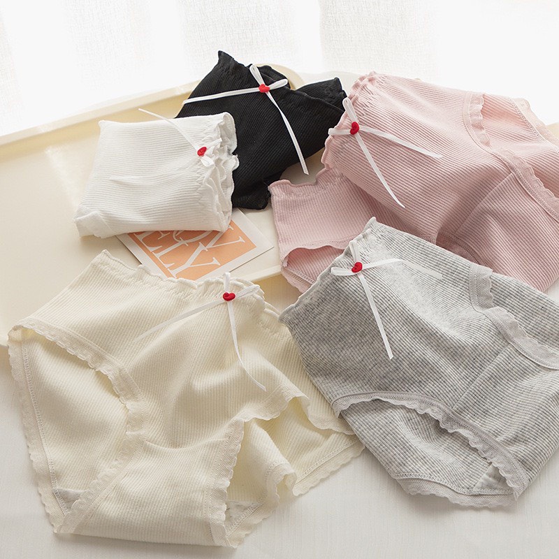 Quần Lót Nữ Cotton Tăm Viền Ren Kháng Khuẩn Tim Phối Nơ Dễ Thương m2380