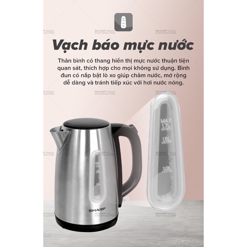 [Mã 229ELSALE hoàn 7% đơn 300K] Bình Đun Siêu Tốc Sharp EKJ-17VSS-ST. Ruột bình inox 304 chống rỉ