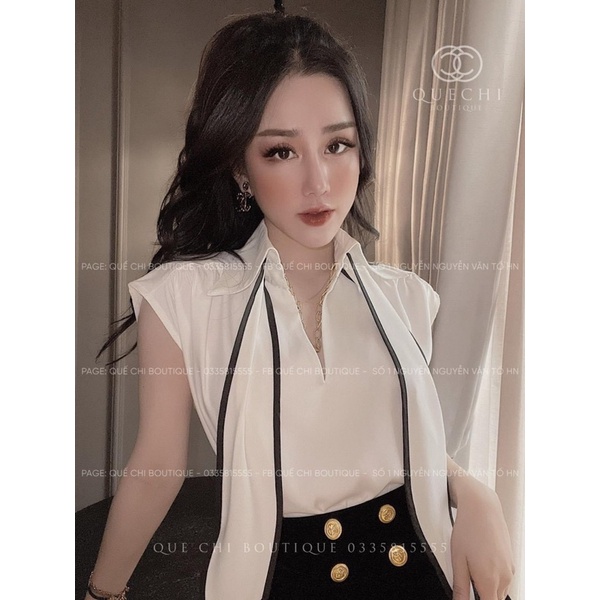 Sét áo cổ nơ cách điệu mix quần nhung cứng phồng 4 cúc siêu đẹp