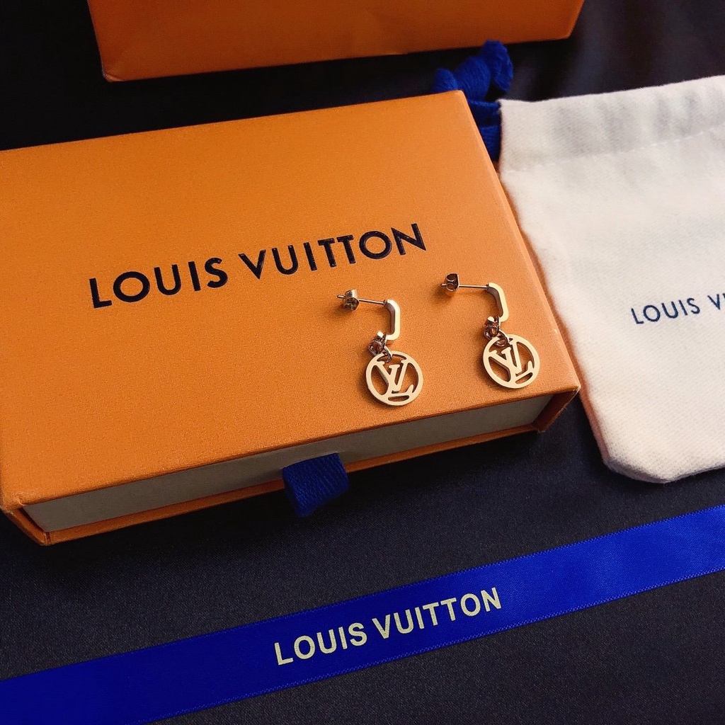 LOUIS VUITTON Khuyên Tai Tròn Bằng Thép Titan In Logo LV Thời Trang