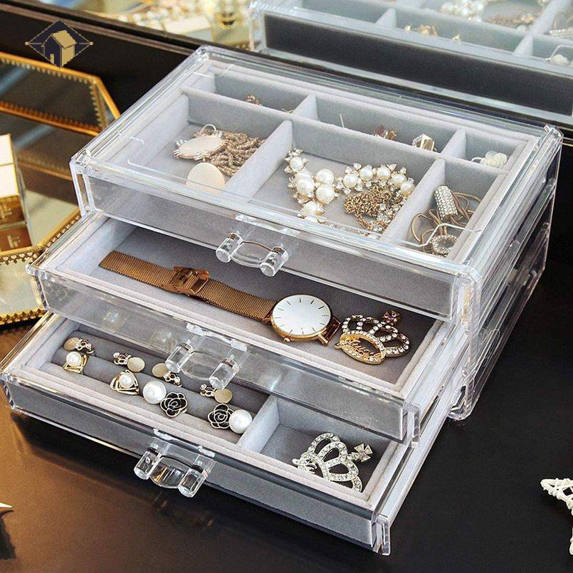 Acrylic Jewelry Box 3 Drawers Velvet Jewellery Organizer Gift For Women