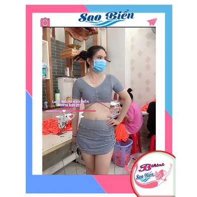 Đồ Bơi Đi Biển Cọc tay rút dây ngực - phối quần váy rút sọc đen trắng
