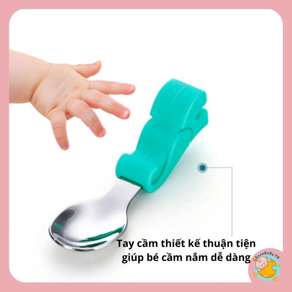 Thìa dĩa tập xúc ,tập ăn ,tập cầm nắm inox an toàn cho bé hình voi,khủng long Goodbabyvn