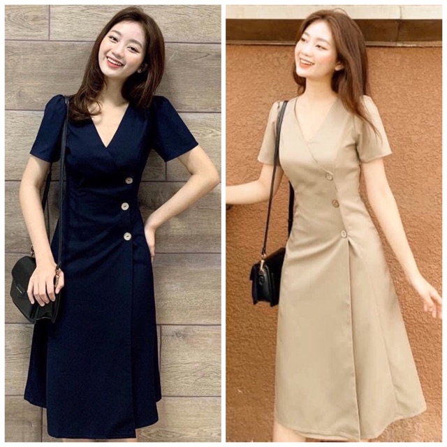 Đầm váy cổ v nút dừa 2 màu (kèm hình thật) | BigBuy360 - bigbuy360.vn