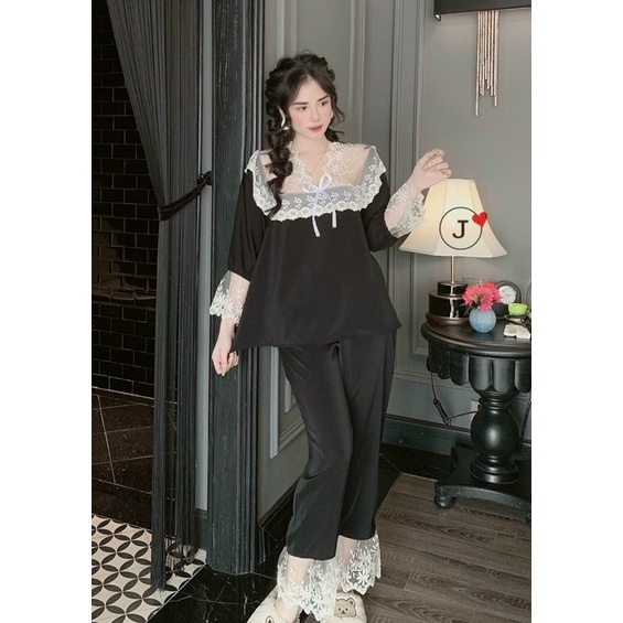 (Dưới 62kg) Đồ bộ pijama LỤA mặc nhà phối ren tiểu thư cổ vuông tay dài quần dài