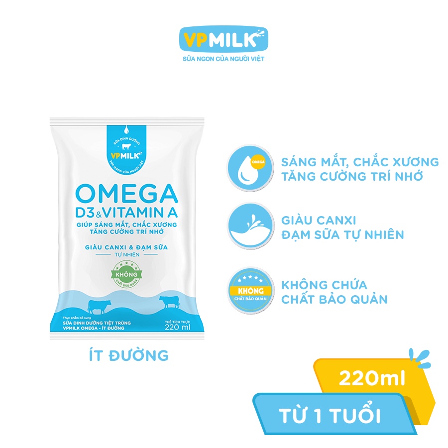 [CHỈ GIAO 2 GIỜ TẠI TP. Hồ Chí Minh] Sữa dinh dưỡng tiệt trùng VPMilk Omega bịch 220ml (thùng 48 bịch)