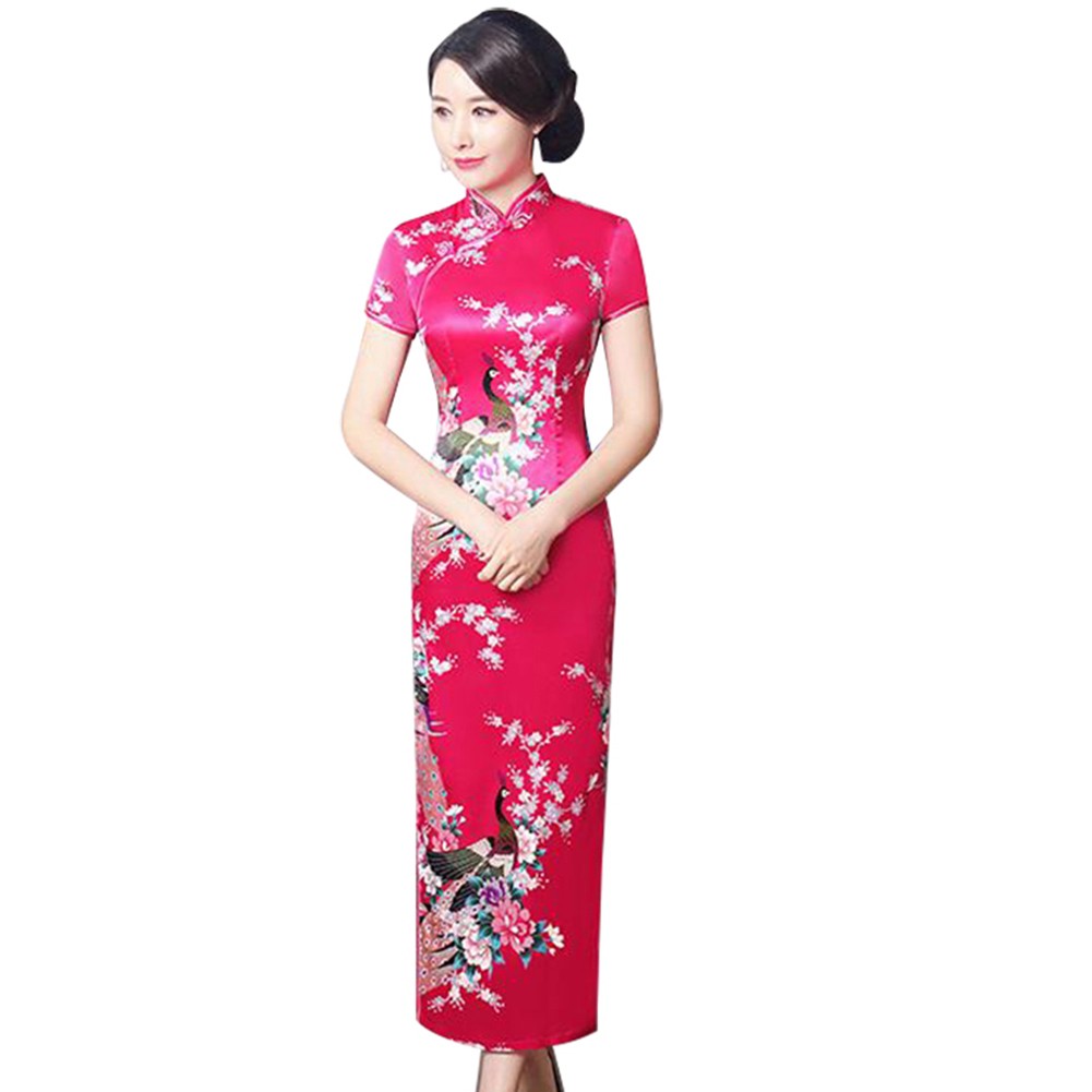 Peacock Print Women Chinese Long Cheongsam Bridesmaid Evening Dress | BigBuy360 - bigbuy360.vn