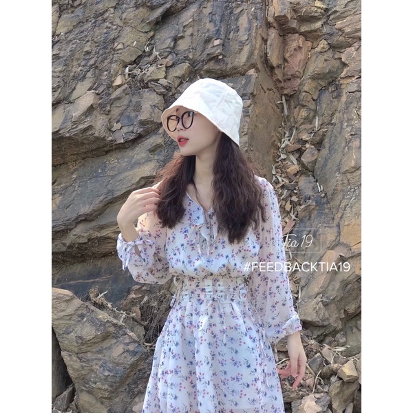Váy hoa dài tay ulzzang kèm đai Tia19. Đầm hoa nhí ulzzang dáng xoè (Ảnh thật)