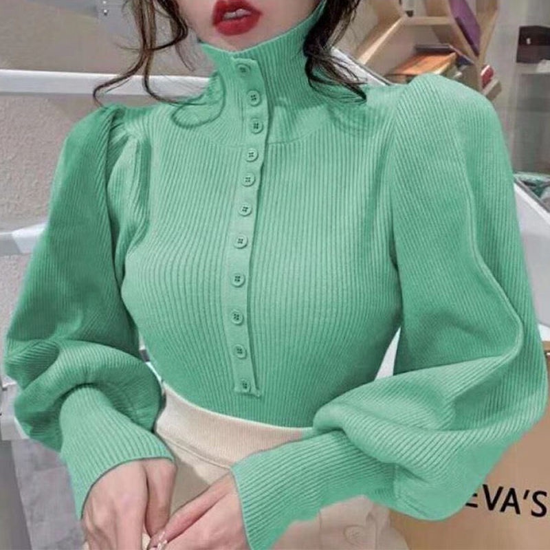 Áo sweater tay phồng màu trơn dày dặn phong cách Hàn Quốc thời trang cho nữ