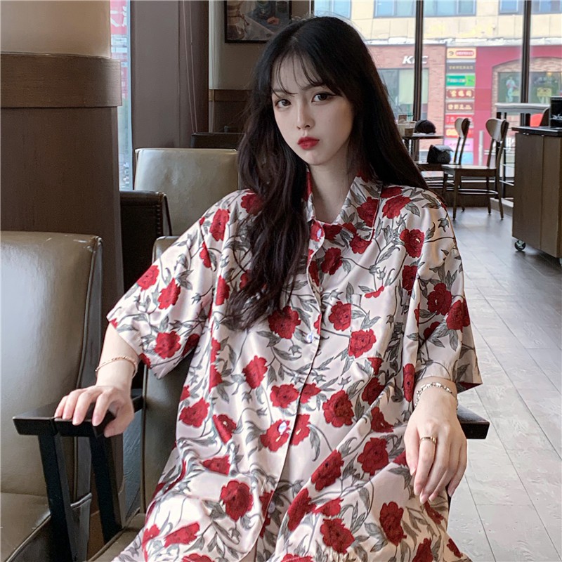 Áo sơ mi chiffon from rộng unisex in hoa hồng phong cách retro Hàn Quốc | WebRaoVat - webraovat.net.vn