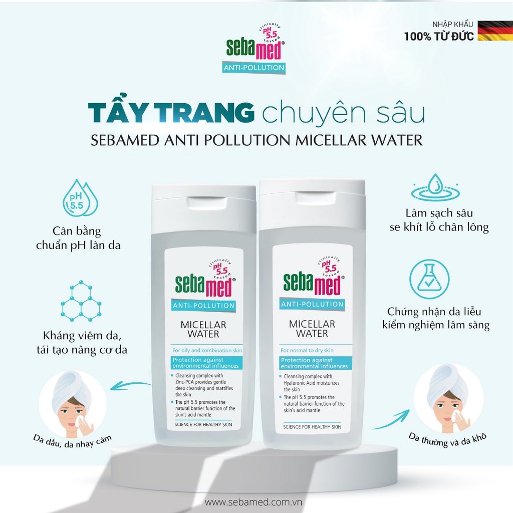 Tẩy trang dành cho Da thường &amp; Da Khô Sebamed Anti Pollution Micellar Water – Normal To Dry Skin pH5.5 (200ml)