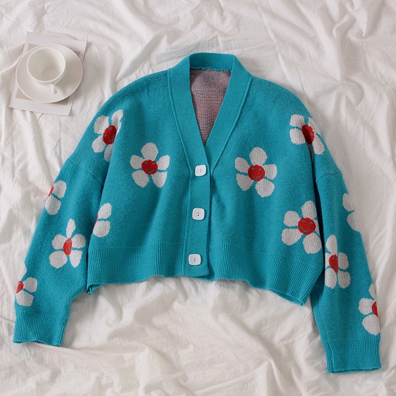 Khoác Len Cardigan Hoa Nhí | Áo Len Nữ Cardigan Croptop Cổ V Họa Tiết Hoa Nhí Dài Tay Xinh Xắn Ulzzang 2021 | BigBuy360 - bigbuy360.vn
