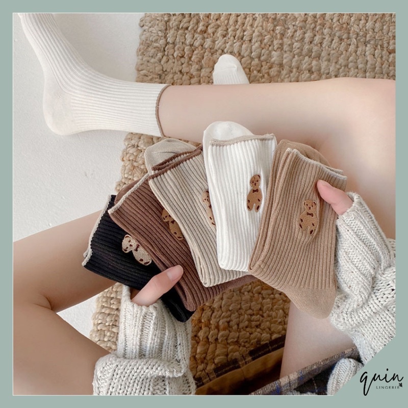 Tất cổ cao, vớ cổ cao nữ họa tiết hình gấu vải len tăm co giãn tất nhún phong cách Hàn Quốc