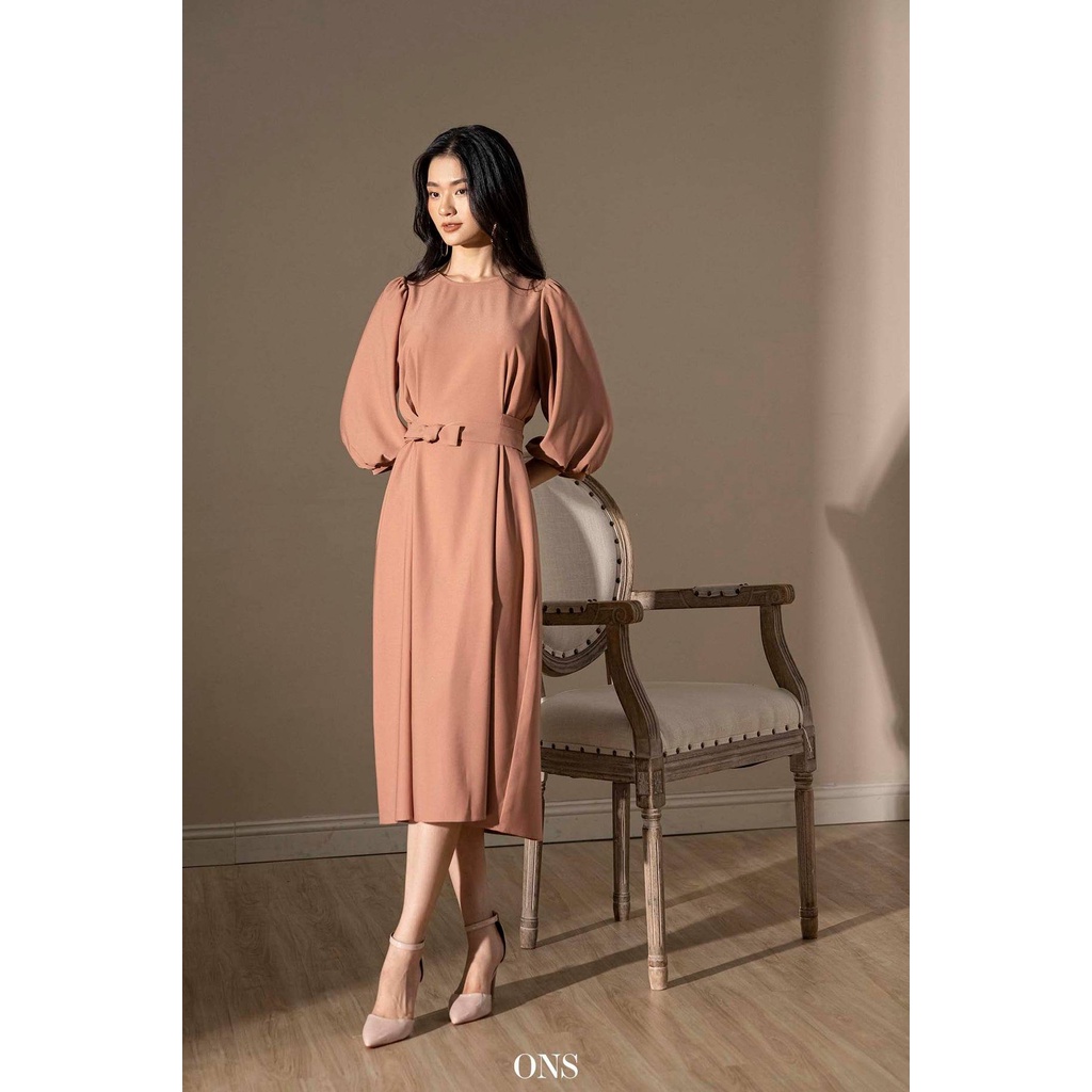 Oyster and Snail - Đầm Lydia nữ xếp ly chiết eo đai liền váy tay bồng - 0582