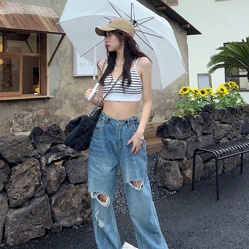Áo Croptop Dệt Kim Hai Dây Cổ V Kẻ Sọc Thời Trang Cho Nữ