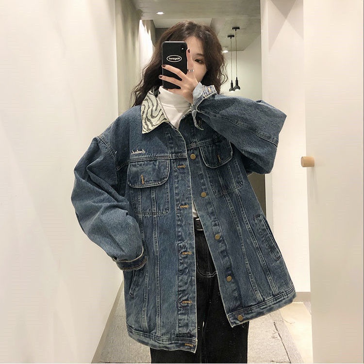 Áo Khoác Denim Dáng Rộng Họa Tiết Da Báo Phong Cách Retro Hong Kong Cho Nữ