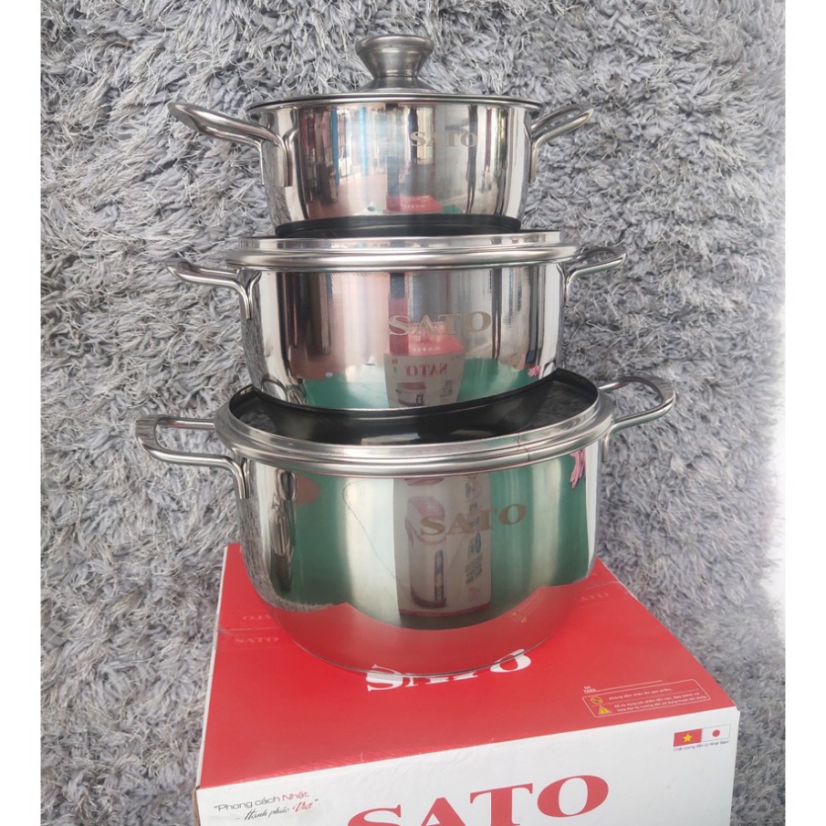 Bộ nồi inox 3 đáy SATO ST-BI322 siêu bền sử dụng cho tất cả các loại bếp - bảo hành 12 tháng