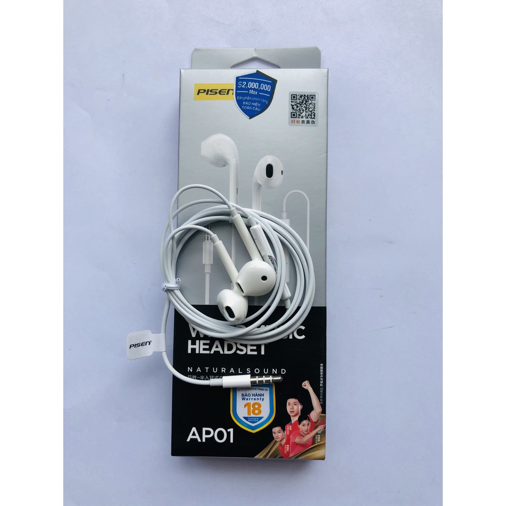 Tai nghe Pisen EarPhone AP01/AP03 (chuẩn kết nối Jac 3.5mm, dây dài 1.2m, TPE ) Bảo Hành 18 tháng