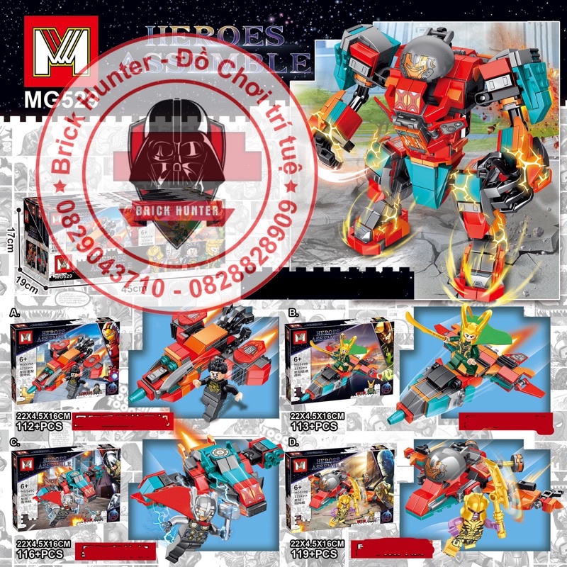 Mg 529 Marvel super heroes What if bộ đồ chơi lắp ráp 4 in 1 Ironman hulkbuster kèm 4 nhân vật ironman loki thanos thor