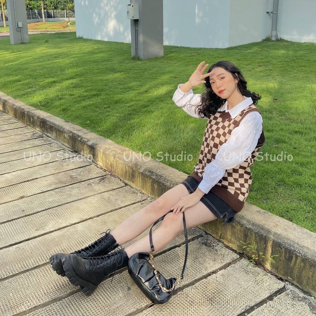 Áo gile len hoạ tiết caro đủ màu phong cách Hàn Quốc