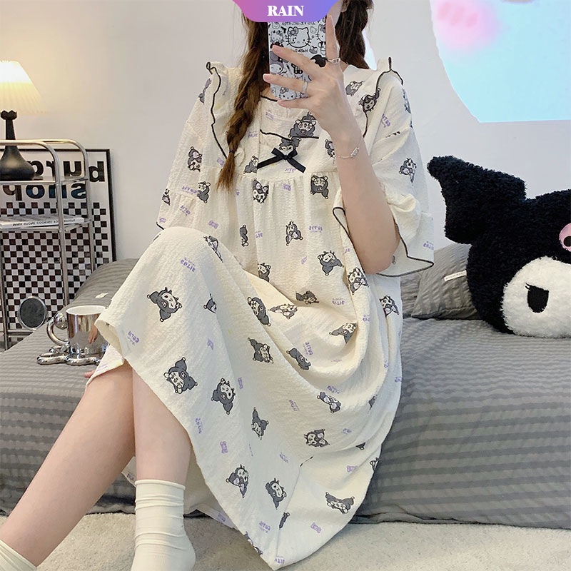 Đầm Ngủ Tay Ngắn Phối Bèo Dáng Rộng In Họa Tiết Hoạt Hình Sanrio Kuromi Đáng Yêu Cho Nữ