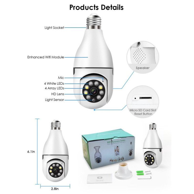 Camera wifi trong nhà 8 Led - XEM ĐÊM CÓ MÀU- Dùng Đuôi Bóng Đèn dòng 220V Xoay 360 Độ , độ phân giải 3.0mpx, đàm thoại