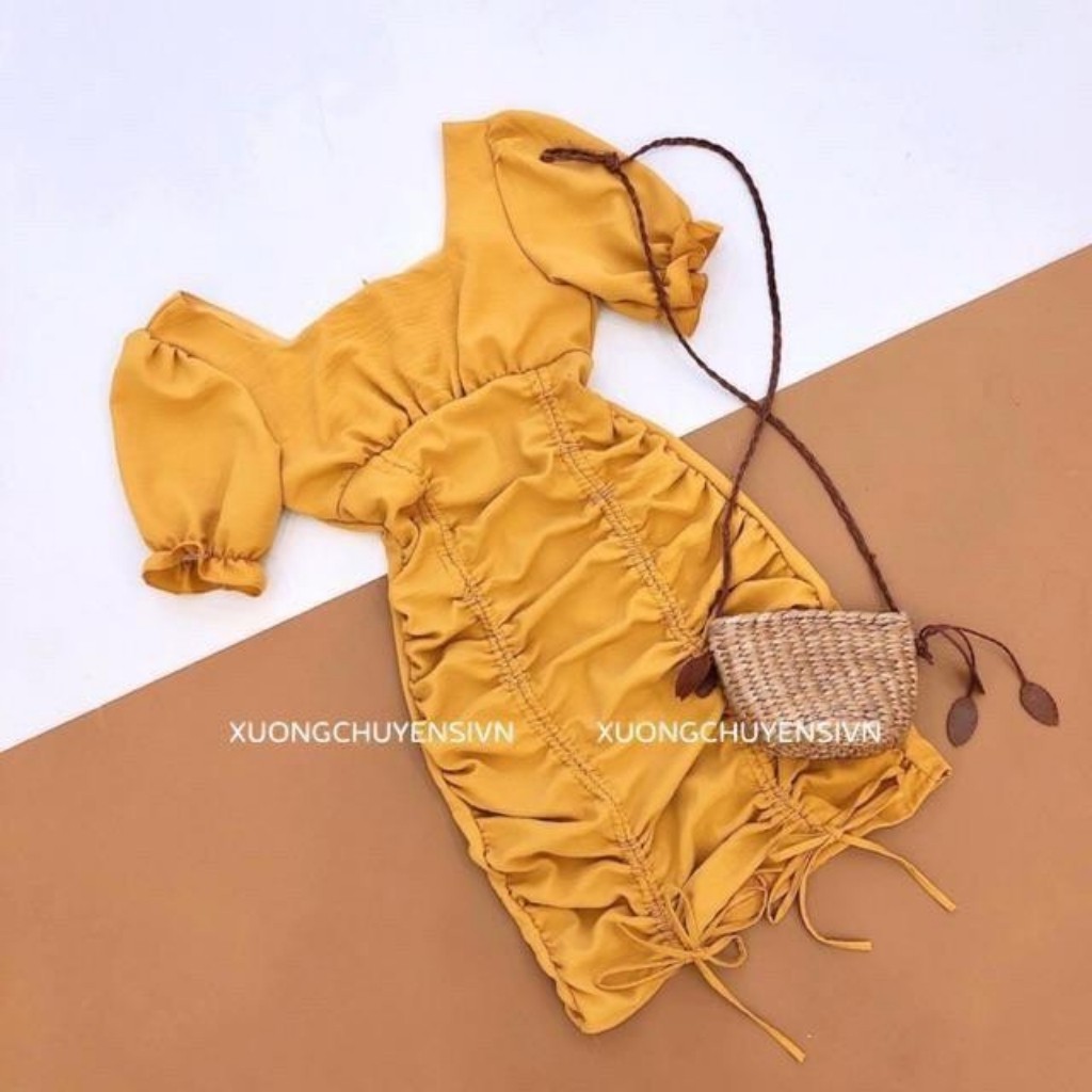 Váy Đầm NữVáy Body Rút Dây Tay Bồng Cực Xinh Có Đệm Ngực