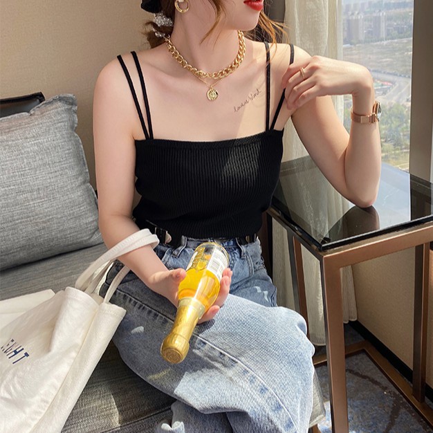 Áo dây dệt kim thiết kế màu trơn thanh lịch cho nữ