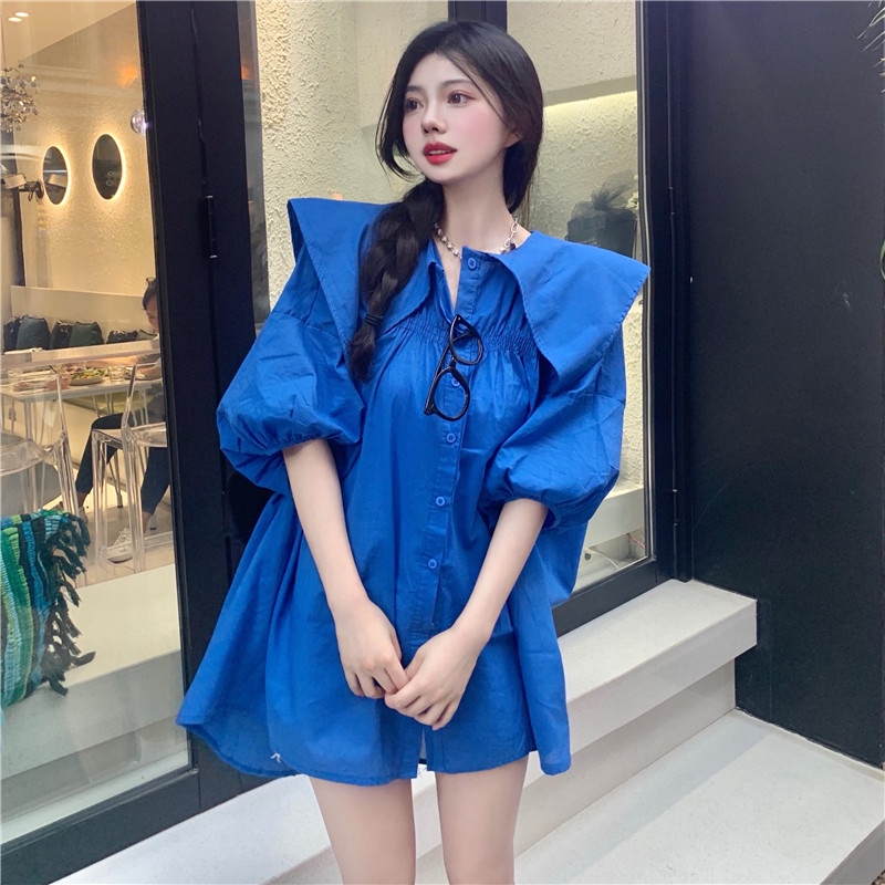 Áo sơ mi tay ngắn phồng cổ thủy thủ dáng rộng thời trang mùa hè Hàn Quốc mới cho nữ