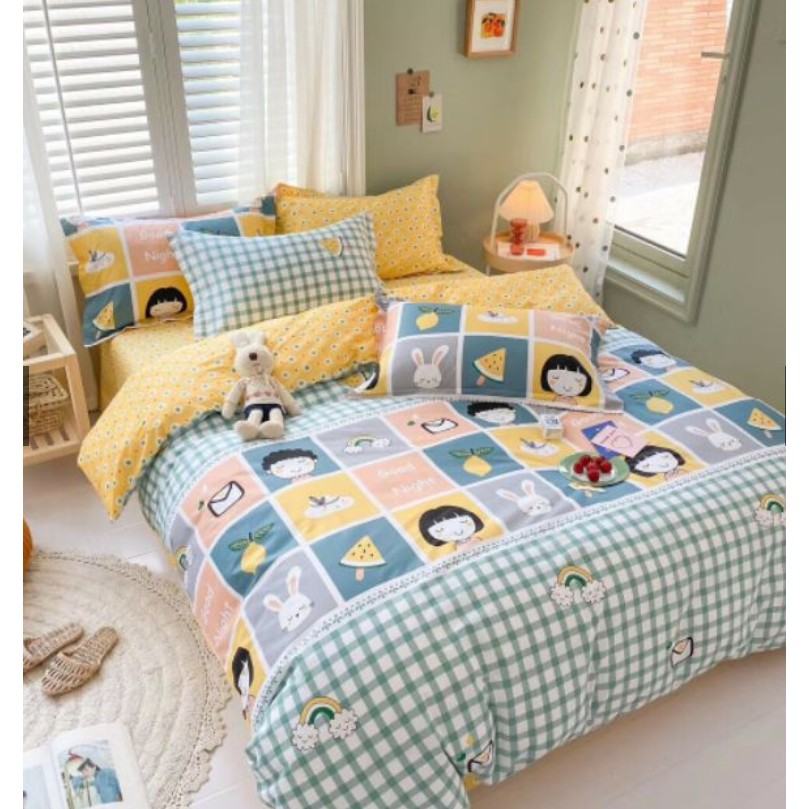 Trọn bộ vỏ chăn ga chun gối đầu chất cotton poly