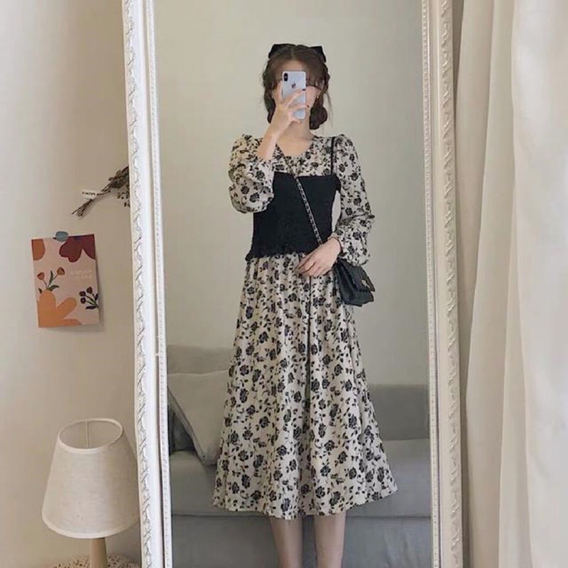 Váy xòe hoa nhí dáng dài phối áo 2 dây điệu đà thời trang hàn quốc | BigBuy360 - bigbuy360.vn