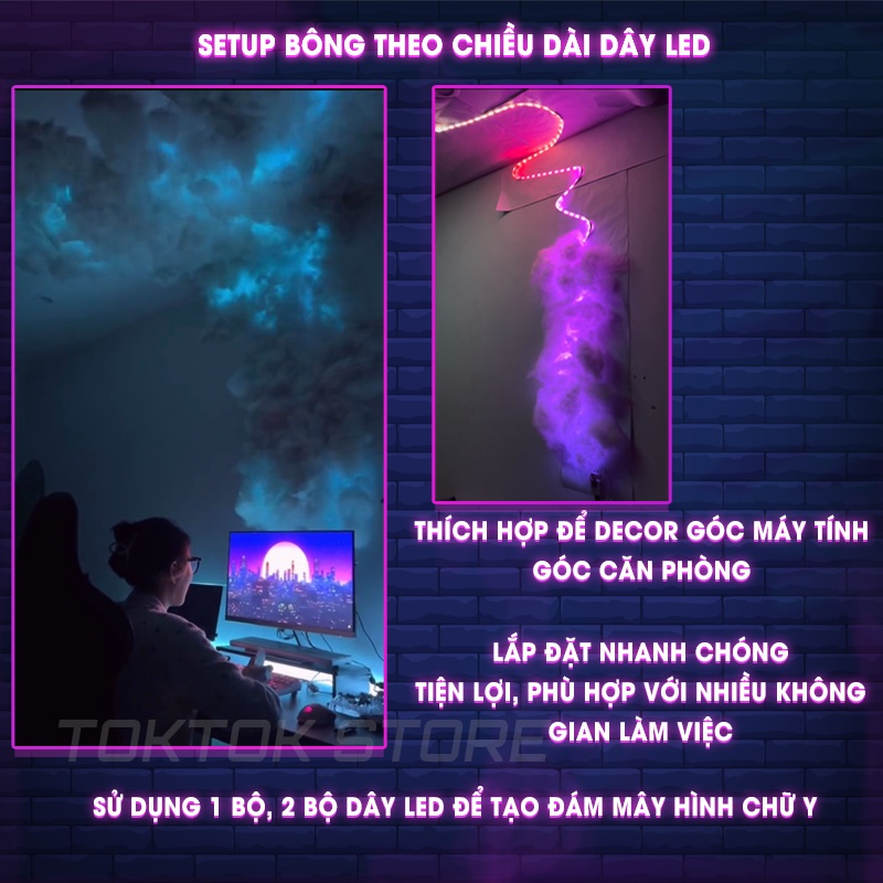 Đèn đám mây, phụ kiện bông làm đèn đám mây, đèn sấm chớp, bông chống bám bụi bẩn đầy đủ phụ kiện.