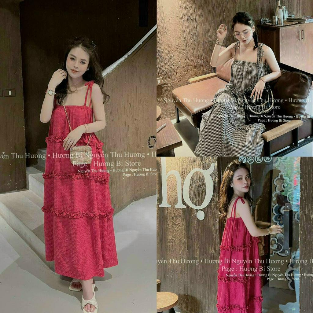 Đầm váy đũi kẻ caro sọc 2 dây cột nơ họa tiết nhún tầng bèo dáng xòe dễ thương cho các tình yêu đi chơi, đi biển