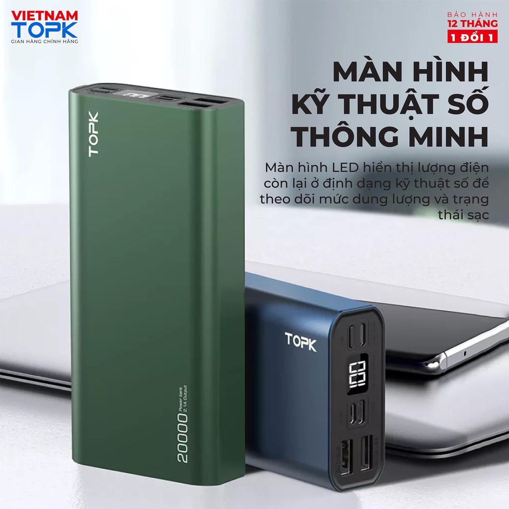 Sạc dự phòng 20000mAh TOPK I2006P Sạc nhanh PD QC 3.0 18W 3 đầu ra