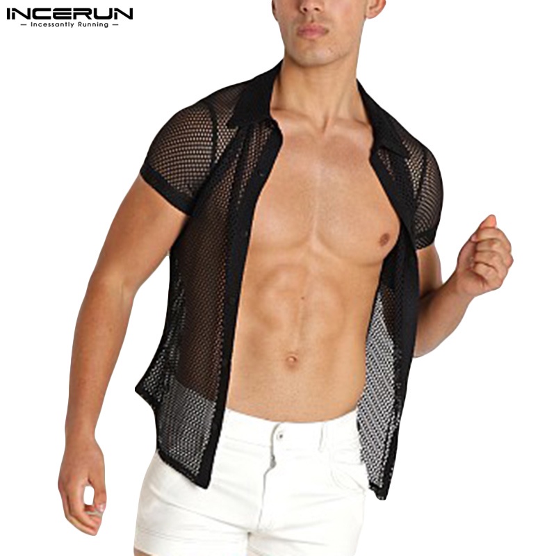 INCERUN Áo Sơ Mi Lưới Tay Ngắn Trong Suốt Cài Khuy Thời Trang Cho Nam